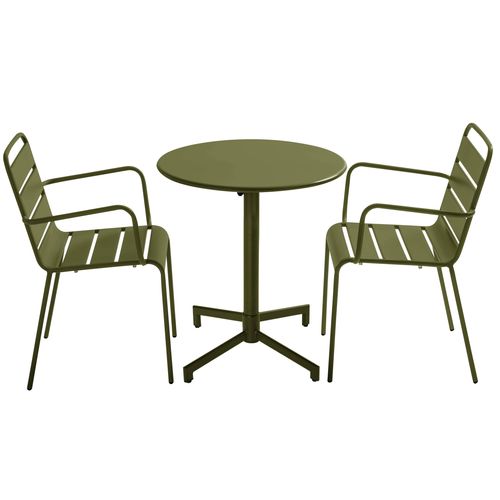Ensemble Table De Jardin Et 2 Fauteuils En Métal Vert Kaki Palavas