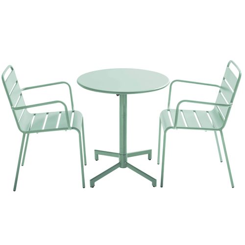 Ensemble Table De Jardin Et 2 Fauteuils En Métal Vert Sauge Palavas