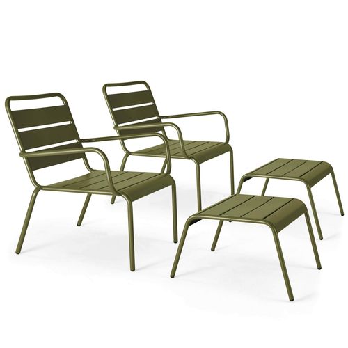 Lot De 2 Fauteuils Relax Avec Repose-pieds En Métal Vert Kaki Palavas