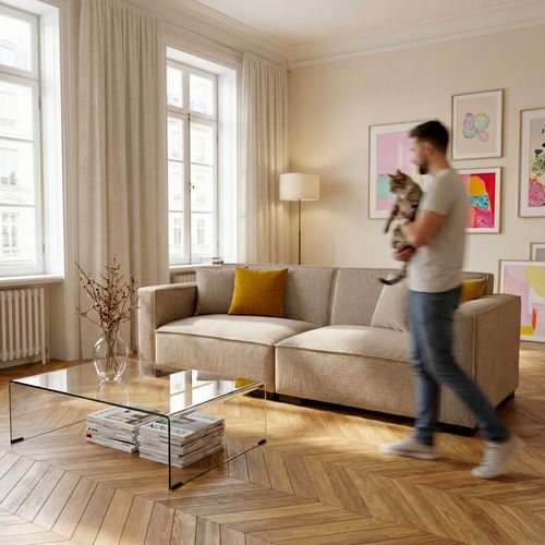 Canapé Droit En Velours Côtelé 3 Places Taupe L 230 Cm