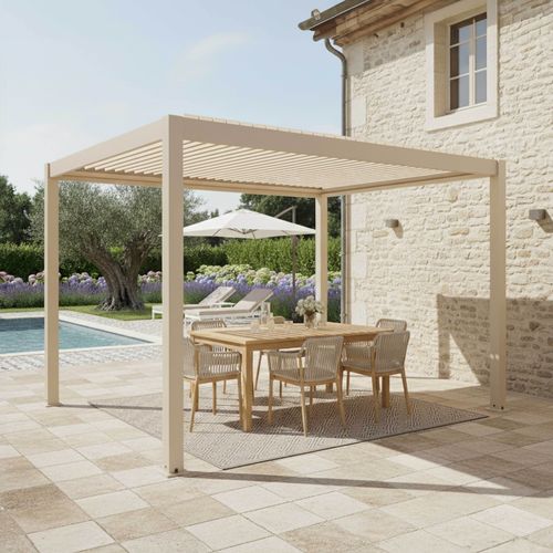 Pergola Bioclimatique Autoportée 3x4m En Aluminium Bois Crème Athenes