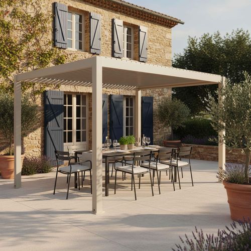 Pergola Bioclimatique Autoportée 3x4m En Aluminium Bois Crème Athenes