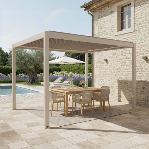 Pergola Bioclimatique Autoportée 3x4m En Aluminium Bois Crème Athenes