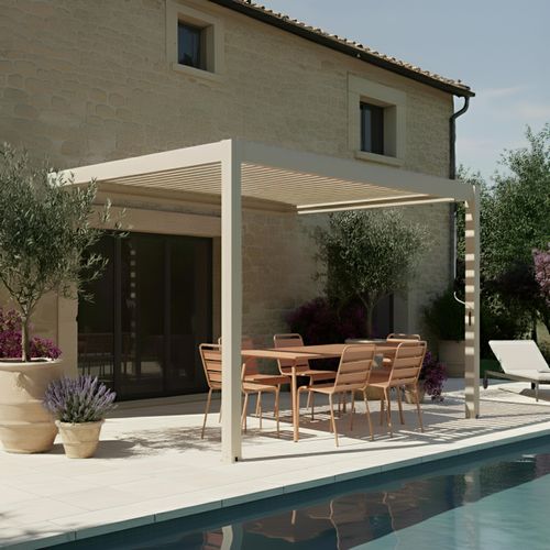 Pergola Bioclimatique Adossée 3x4m En Aluminium Bois Crème Oia