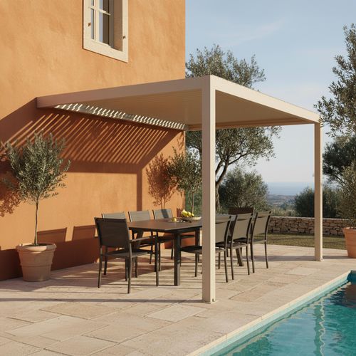 Pergola Bioclimatique Adossée 3x4m En Aluminium Bois Crème Oia