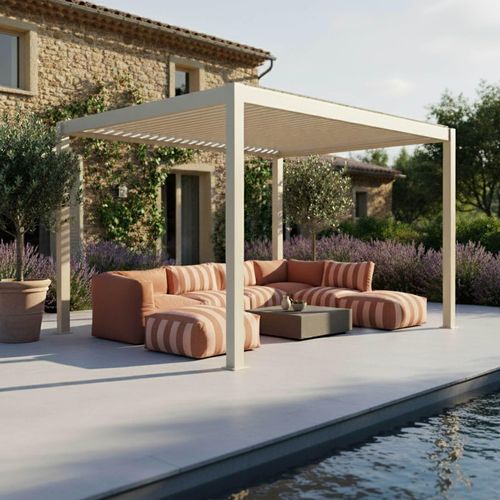 Pergola Bioclimatique Autoportée Motorisée Et Éclairée 3x4 M Crème