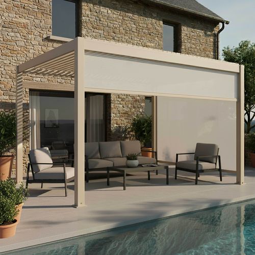 Pergola Bioclimatique Autoportée Motorisée Éclairée 3 X 4m Et 2 Stores