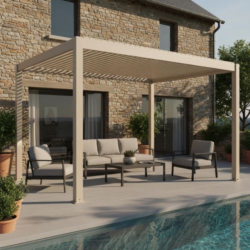 Pergola Bioclimatique Autoportée Motorisée Éclairée 3 X 4m Et 2 Stores
