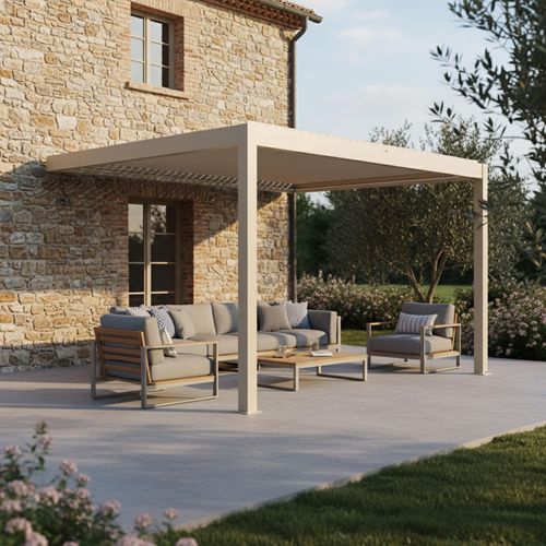 Pergola Bioclimatique Adossée Motorisée 3x4 M Et 2 Stores Crème Thebes
