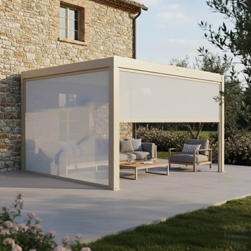 Pergola Bioclimatique Adossée Motorisée 3x4 M Et 2 Stores Crème Thebes