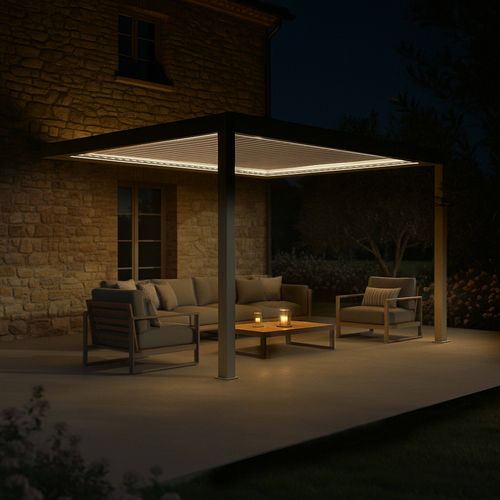 Pergola Bioclimatique Adossée Motorisée 3x4 M Et 1 Store Crème Thebes