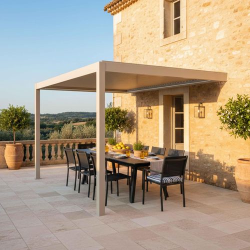 Pergola Bioclimatique Adossée Motorisée 3x4 M Et 1 Store Crème Thebes