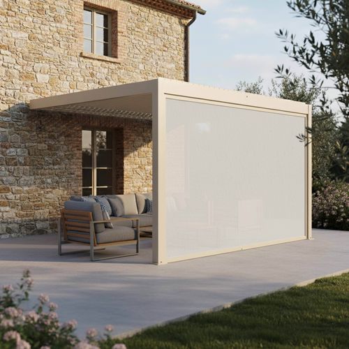 Pergola Bioclimatique Adossée Motorisée 3x4 M Et 1 Store Crème Thebes