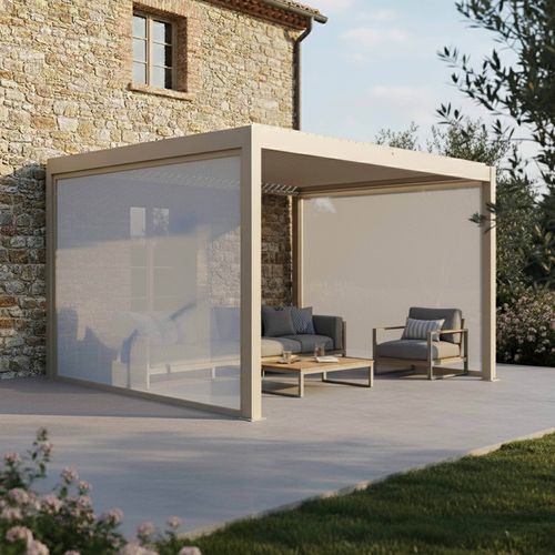 Pergola Bioclimatique Adossée Motorisée 3x4 M Et 2 Stores Crème Thebes