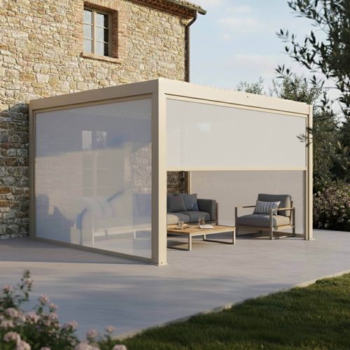 Pergola Bioclimatique Adossée Motorisée 3x4m Et 3 Stores Crème Thebes