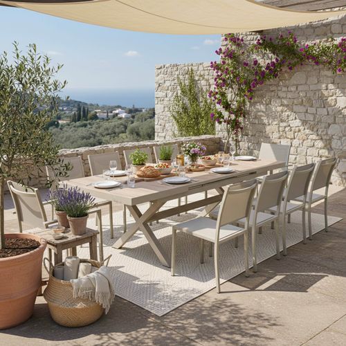 Table Extensible Aluminium Et Céramique Avec 10 Chaises Beige Tivoli