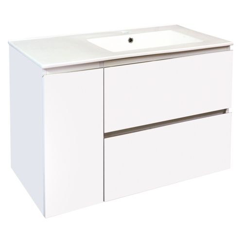 Meuble Salle De Bain Suspendu Trendy - 2 Tiroirs 1 Porte - 90cm - Finition Blanc Mat - Vasque