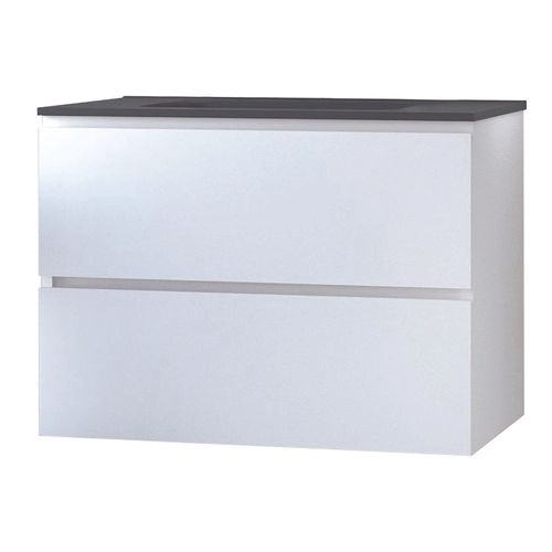 Meuble Salle De Bain à Suspendre Trendy - 80cm -2 Tiroirs - Blanc Mat- Plan Noir