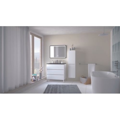 Meuble Salle De Bain à Poser Trendy - 80 Cm - 3 Tiroirs - Blanc Mat - Plan Noir