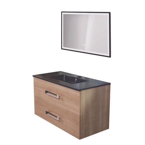 Meuble De Salle De Bain à Suspendre Lenca - 90 Cm - Bois Miel - Miroir Selena