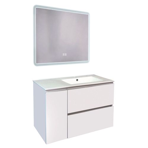 Meuble De Salle De Bain Trendy - 90 Cm - Blanc Mat - 2 Tiroirs Et 1 Porte - Miroir Athena