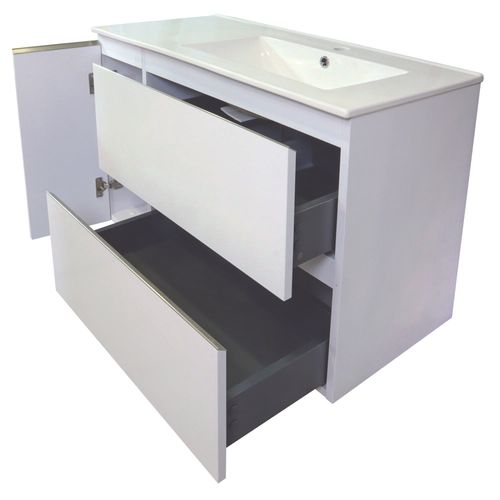 Meuble De Salle De Bain Trendy - 90 Cm - Blanc Mat - 2 Tiroirs Et 1 Porte - Miroir Athena