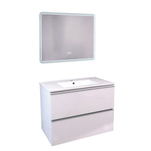 Meuble Salle De Bain Trendy - 80 Cm - Blanc Mat - 2 Tiroirs - Miroir Athena