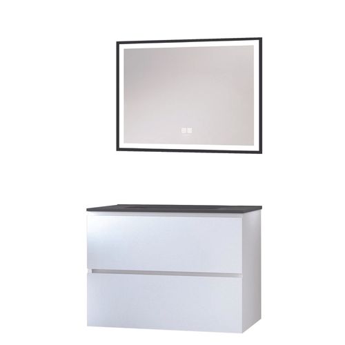 Meuble Salle De Bain Trendy - 80 Cm - Blanc Mat - 2 Tiroirs - Plan Noir + Miroir Selena
