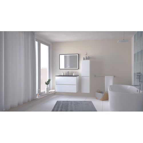 Meuble Salle De Bain Trendy - 80 Cm - Blanc Mat - 2 Tiroirs - Plan Noir + Miroir Selena