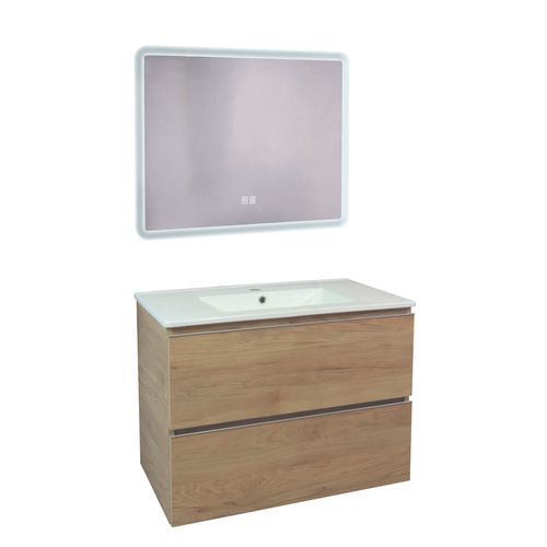 Meuble Salle De Bain Trendy - 80 Cm - Bois - 2 Tiroirs - Miroir Athena