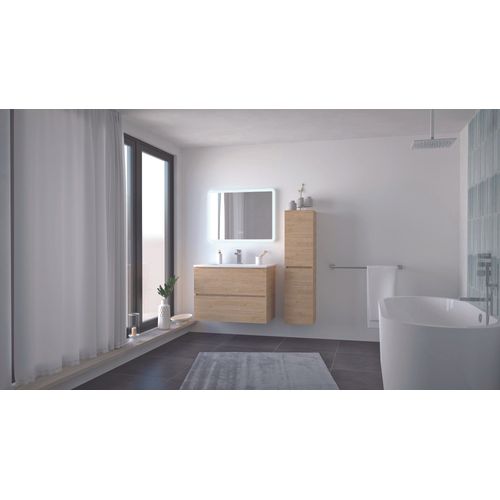 Meuble Salle De Bain Trendy - 80 Cm - Bois - 2 Tiroirs - Miroir Athena