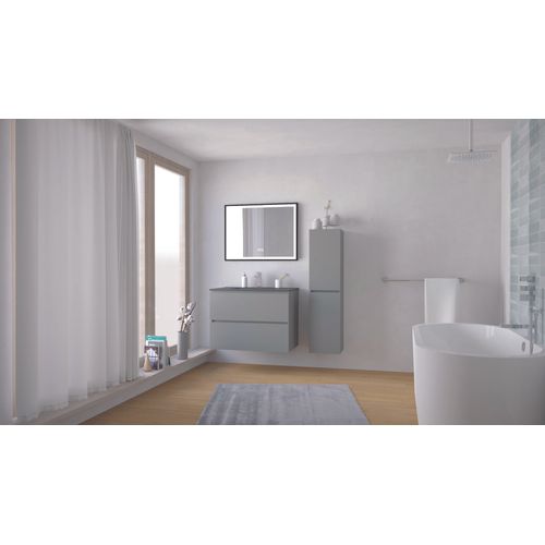 Meuble Salle De Bain Trendy - 80 Cm - Gris Mat - 2 Tiroirs - Plan Noir + Miroir Selena