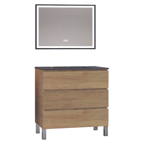 Meuble Salle De Bain Trendy - 80 Cm - Bois - 3 Tiroirs - Plan Noir + Miroir Selena