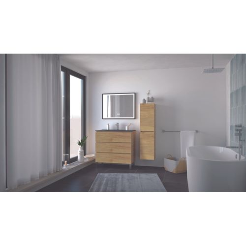 Meuble Salle De Bain Trendy - 80 Cm - Bois - 3 Tiroirs - Plan Noir + Miroir Selena