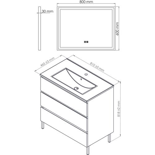 Meuble Salle De Bain Trendy - 80 Cm - Bois - 3 Tiroirs - Plan Noir + Miroir Selena