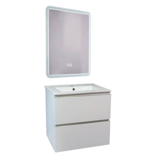 Meuble Salle De Bain Trendy - 60 Cm - Blanc Mat - 2 Tiroirs - Miroir Athena