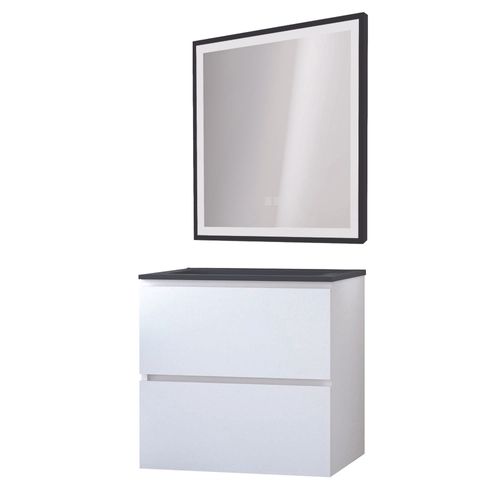 Meuble Salle De Bain Trendy - 60 Cm - Blanc Mat - 2 Tiroirs - Plan Noir + Miroir Selena