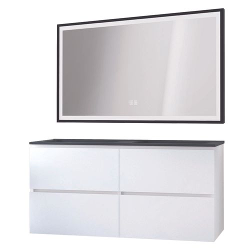 Meuble Salle De Bain Trendy - 120 Cm - Blanc Mat - 4 Tiroirs - Plan Noir + Miroir Selena