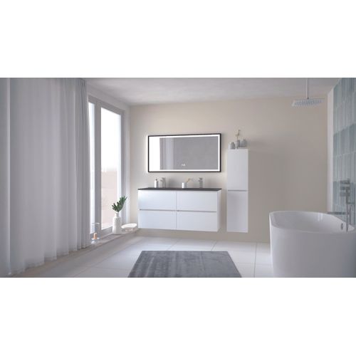 Meuble Salle De Bain Trendy - 120 Cm - Blanc Mat - 4 Tiroirs - Plan Noir + Miroir Selena