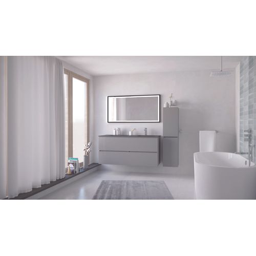 Meuble Salle De Bain Trendy - 120 Cm - Gris Mat - 4 Tiroirs - Plan Noir + Miroir Selena