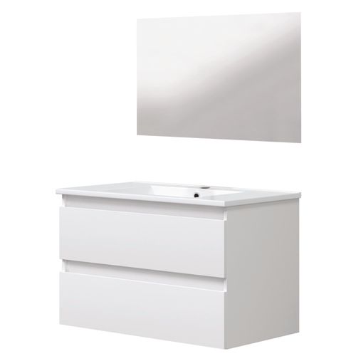 Meuble Salle De Bain à Suspendre Lila - 80cm - 2 Tiroirs - Blanc - Miroir