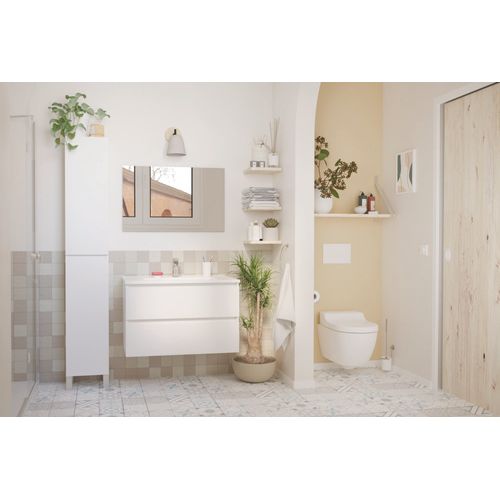 Meuble Salle De Bain à Suspendre Lila - 80cm - 2 Tiroirs - Blanc - Miroir