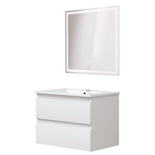 Meuble Salle De Bain à Suspendre Lila - 60cm - 2 Tiroirs - Blanc - Miroir LED Laura