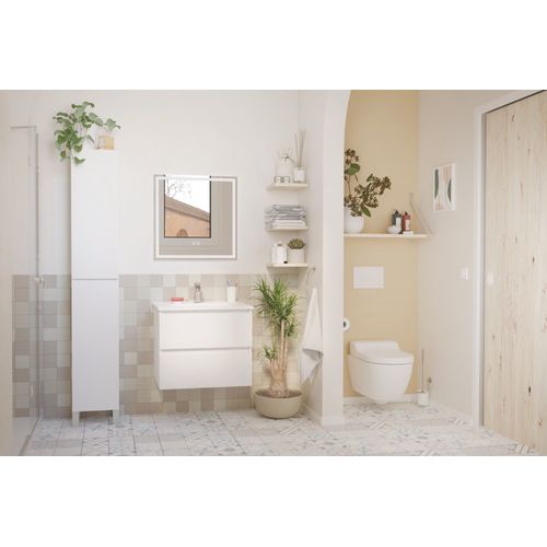 Meuble Salle De Bain à Suspendre Lila - 60cm - 2 Tiroirs - Blanc - Miroir LED Laura