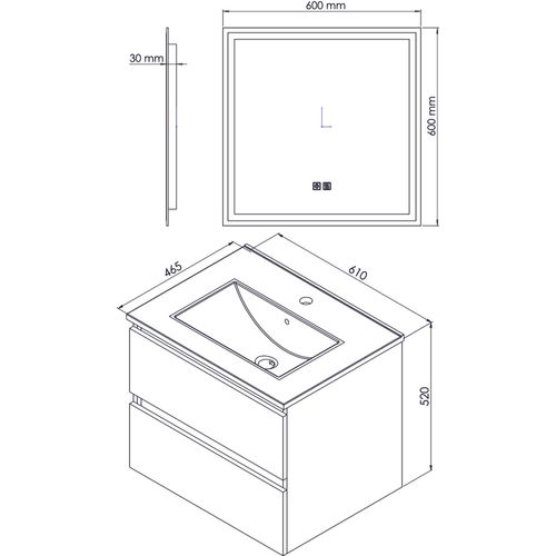 Meuble Salle De Bain à Suspendre Lila - 60cm - 2 Tiroirs - Blanc - Miroir LED Laura