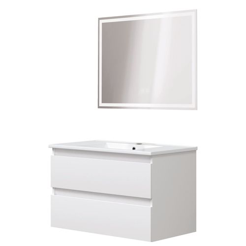 Meuble Salle De Bain à Suspendre Lila - 80cm - 2 Tiroirs - Blanc - Miroir LED Laura