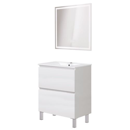 Meuble Salle De Bain à Poser Lila - 60cm - 2 Tiroirs -blanc - Miroir LED Laura