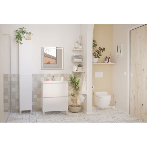 Meuble Salle De Bain à Poser Lila - 60cm - 2 Tiroirs -blanc - Miroir LED Laura