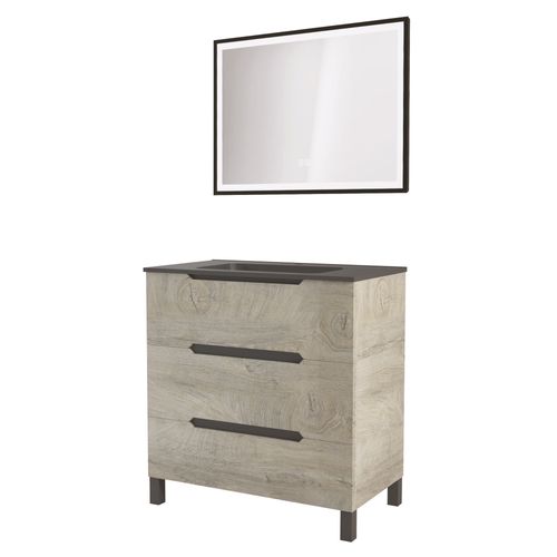 Meuble Salle De Bain à Poser Alaska -80cm - Bois - 3 Tiroirs - Plan Noir -mir Selena