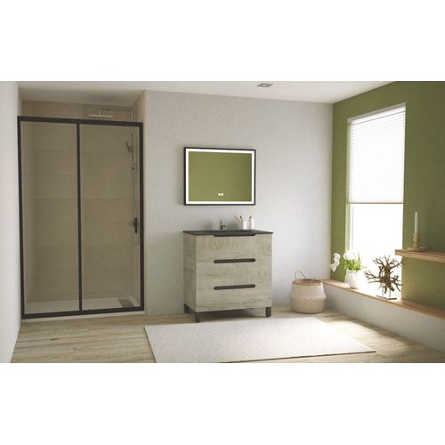 Meuble Salle De Bain à Poser Alaska -80cm - Bois - 3 Tiroirs - Plan Noir -mir Selena